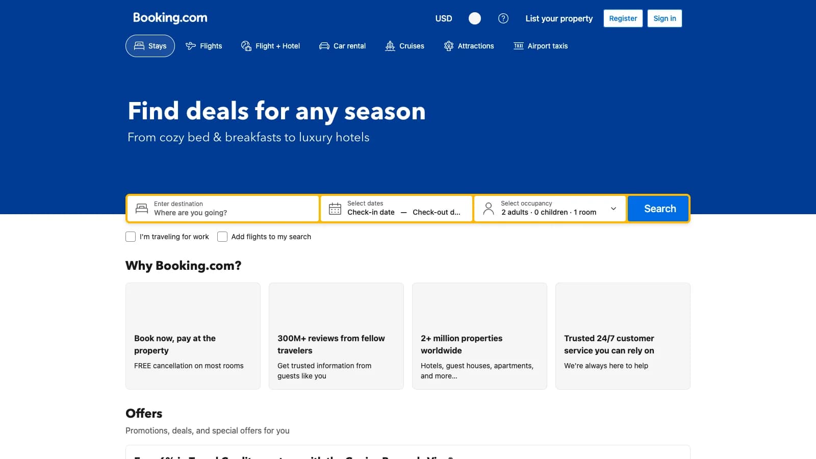 Screenshot of the public Booking.com homepage.