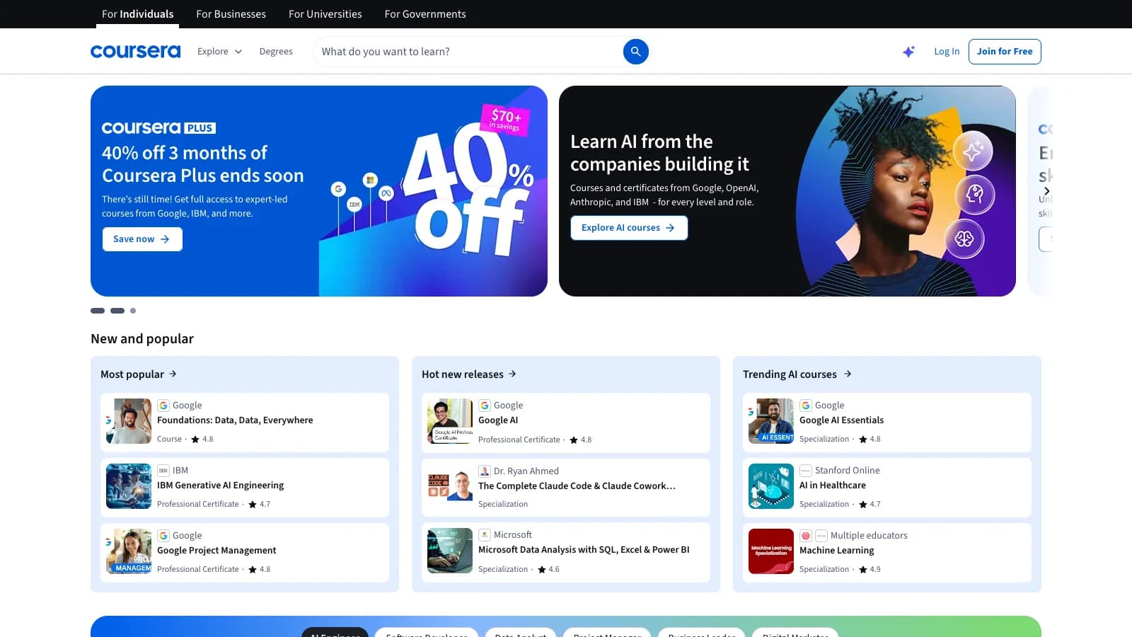 Screenshot of the public Coursera homepage.