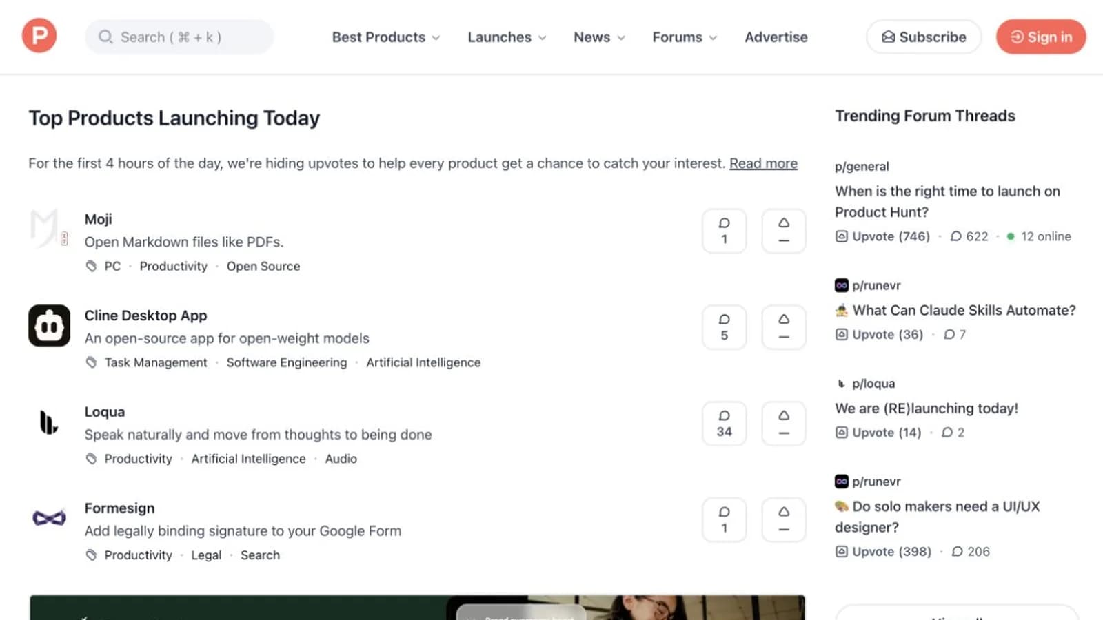 Screenshot of the public Product Hunt homepage.
