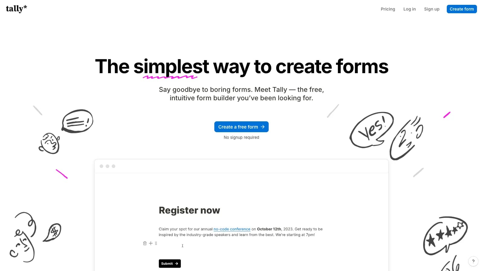 Screenshot of the public Tally homepage.