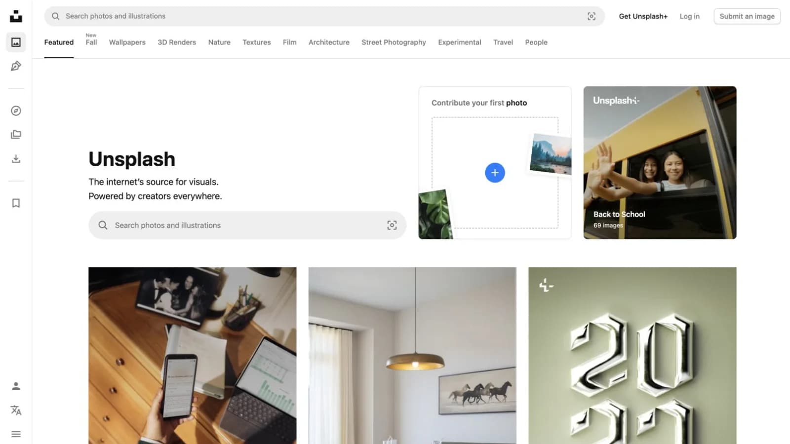 Screenshot of the public Unsplash homepage.
